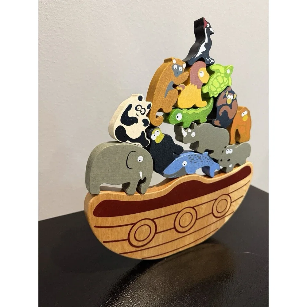 Wooden Noah’s Ark Balancing Animal Stacker Toy With 13 Animals.